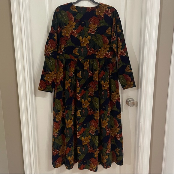 HOMEMADE Corduroy Floral Long Sleeve Dress Cottagecore Vintage One of A Kind - Picture 1 of 12